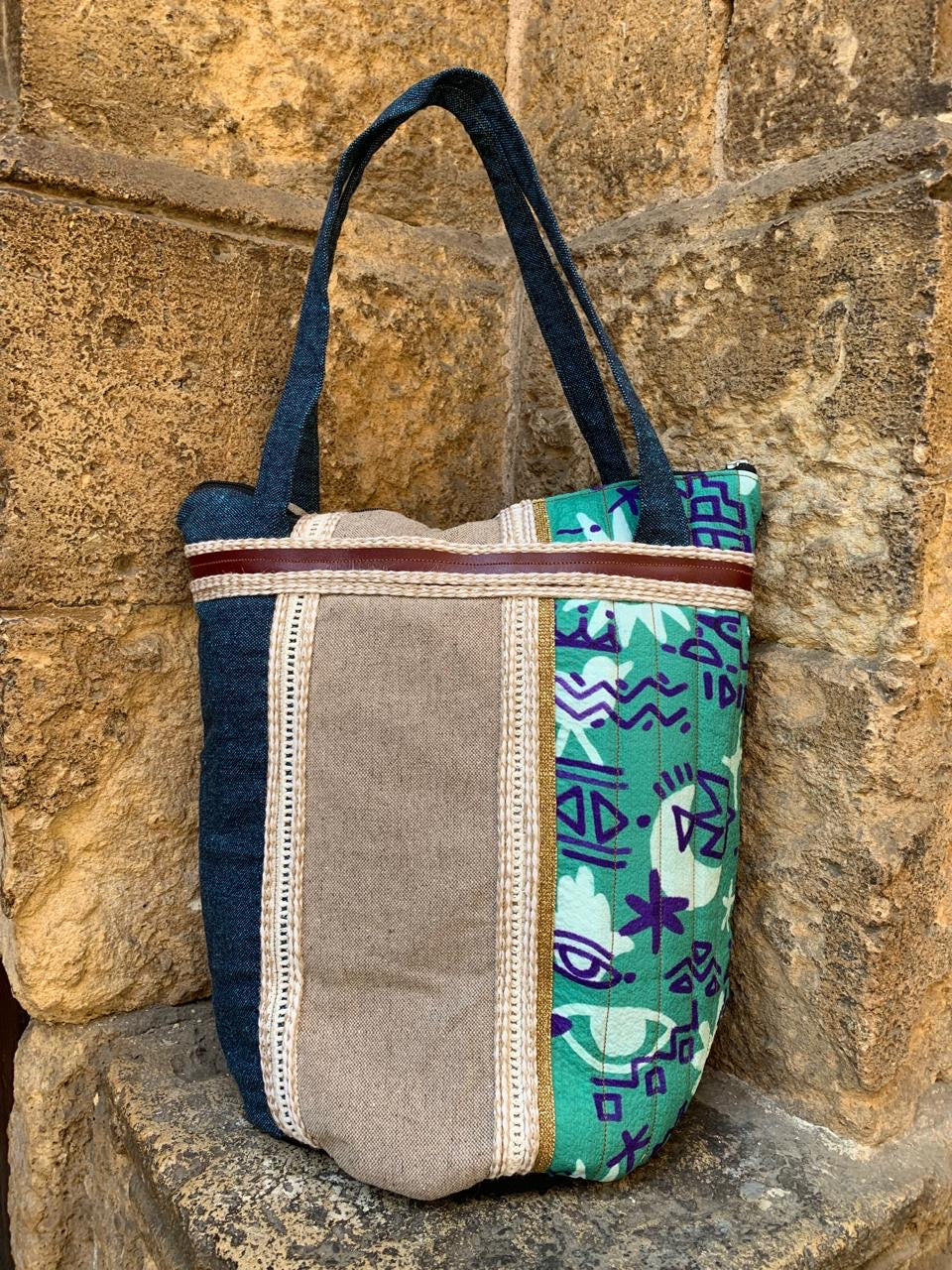 Green pattern x Navy shoulder bag