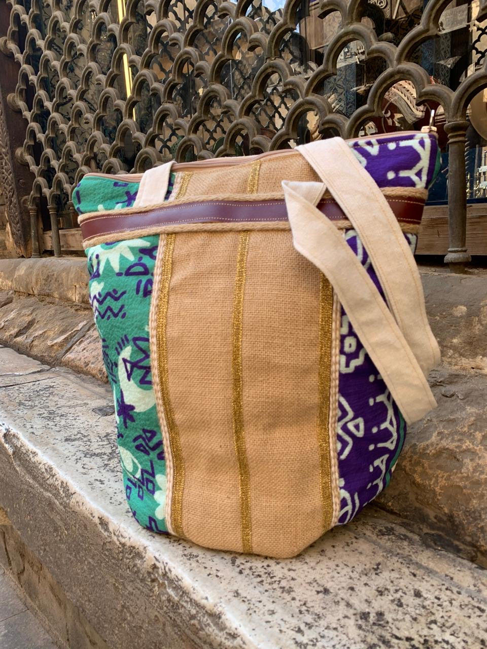 Green X purple pattern shoulder bag