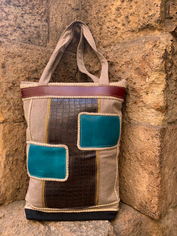 Green X brown blocks shoulder bag