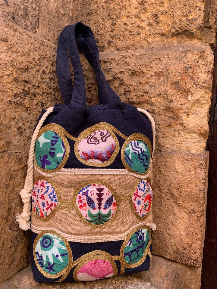 Navy X palm circles shoulder bag