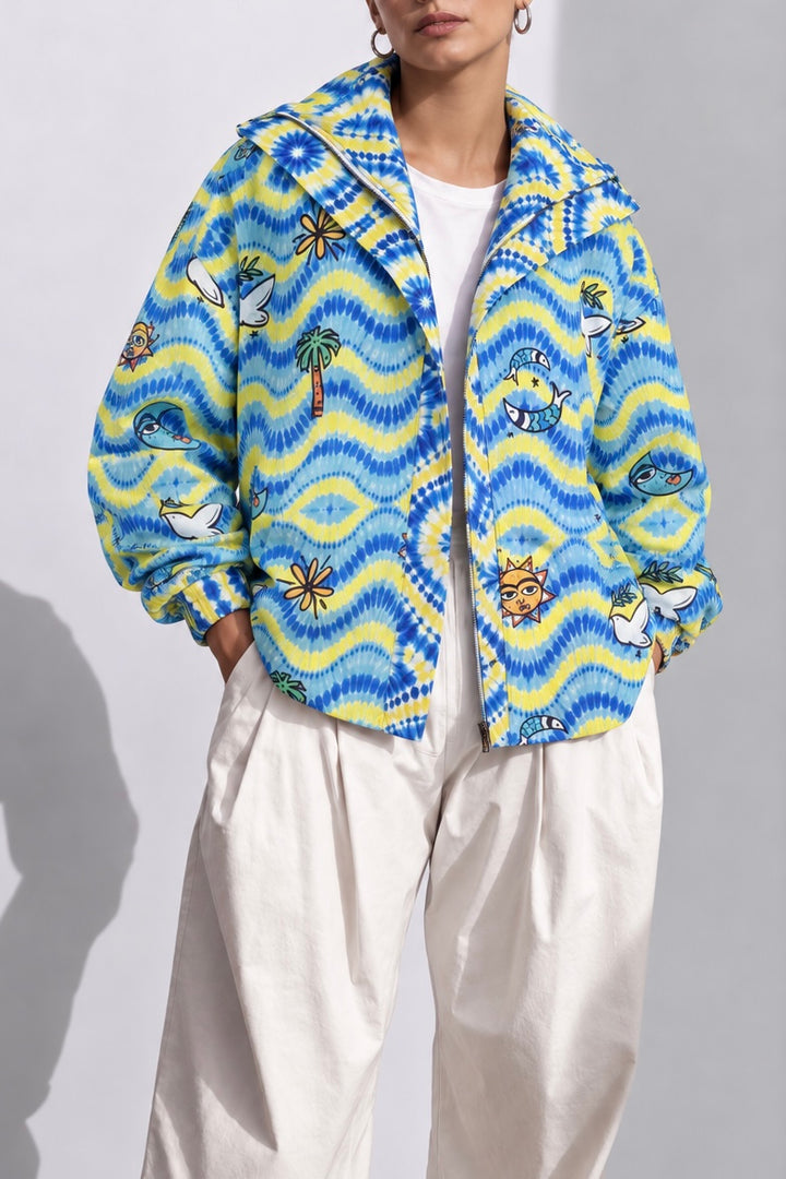 Waves folk tie dye Linen zipper jacket
