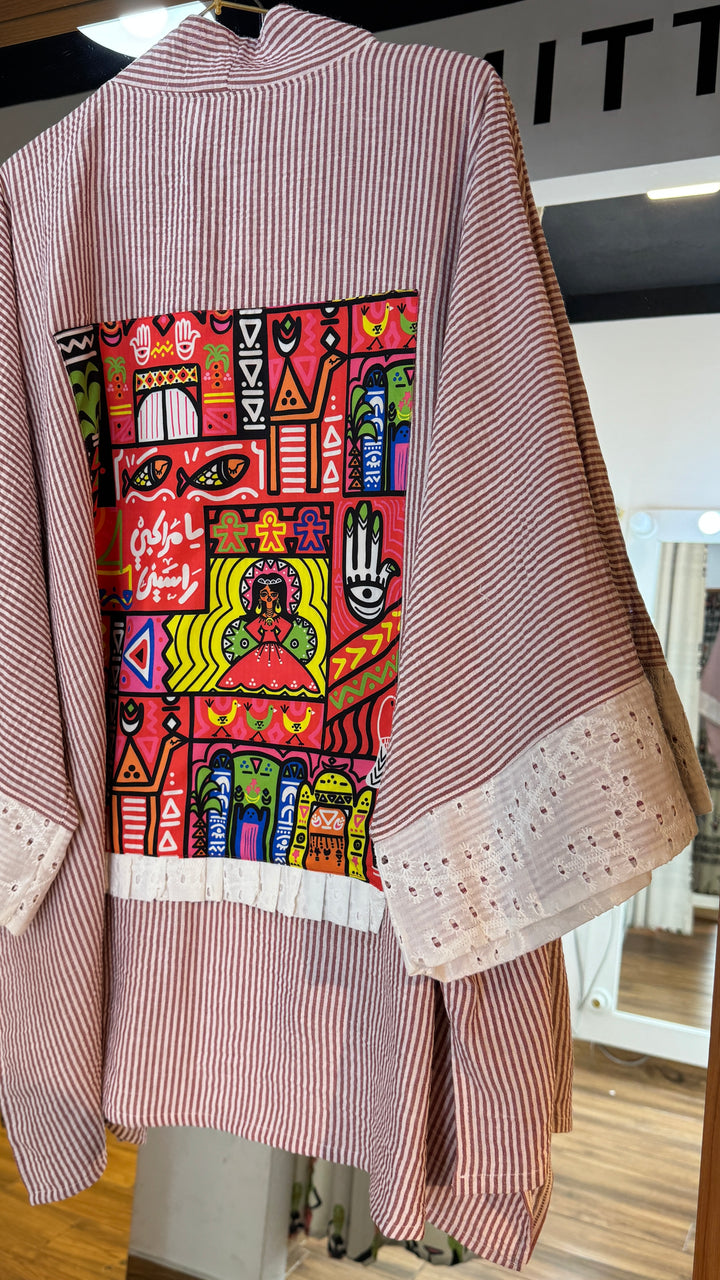 Red folklore Strip Linen kimono