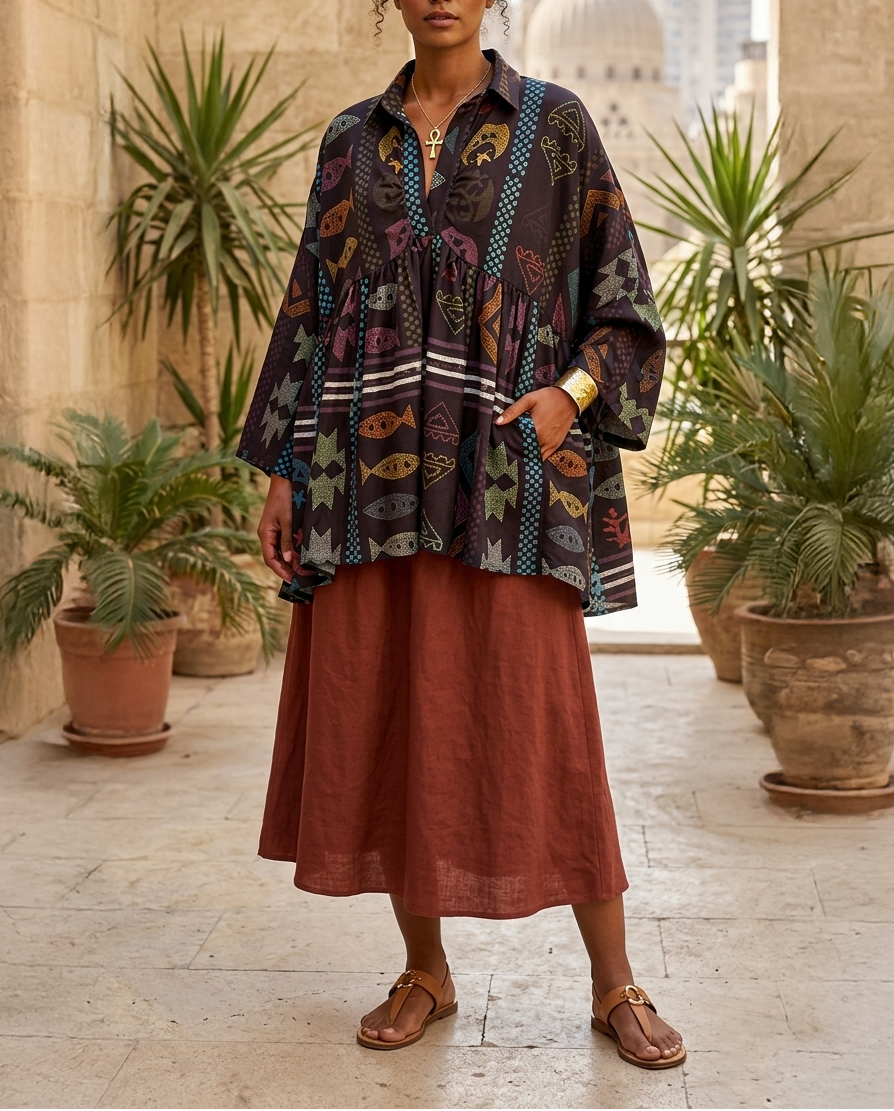 Triple mosaic poncho blouse