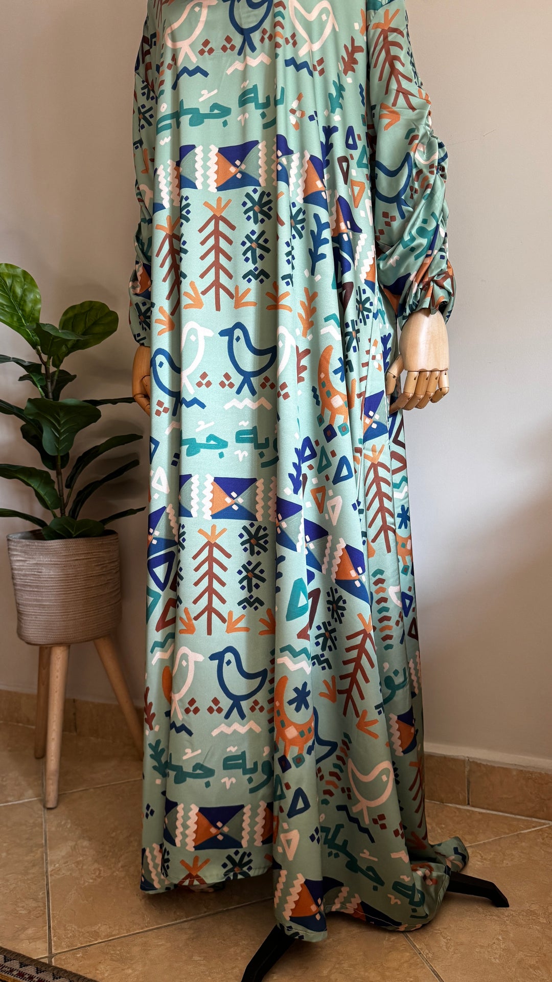 Green folk motives Silk dress