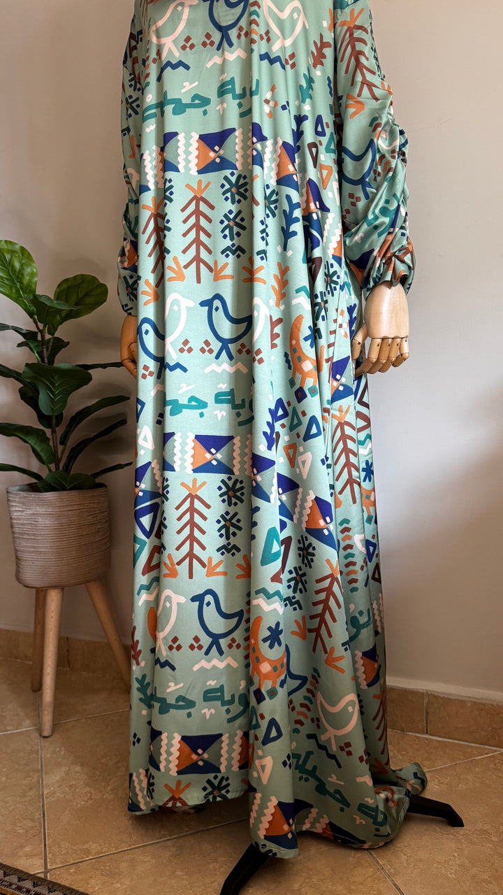 Green folk motives Silk dress