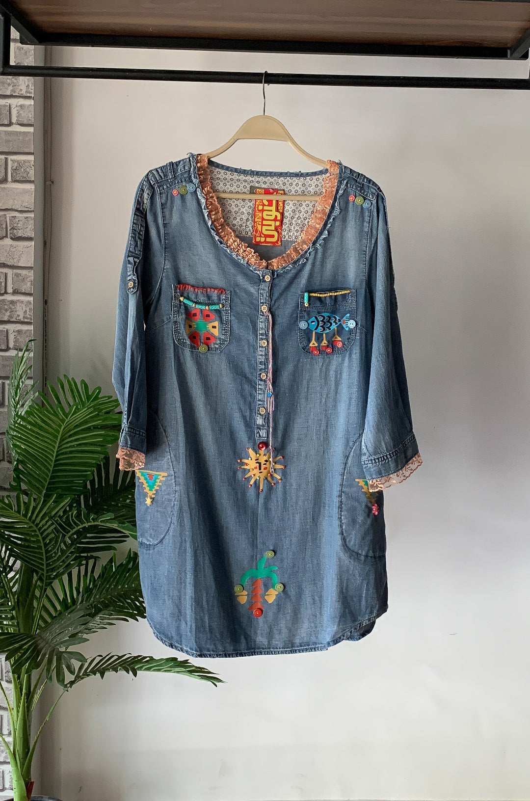 Folk fish Recycle denim blouse