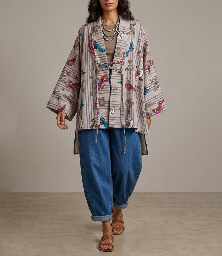 birds of The Nile high & Low linen kimono