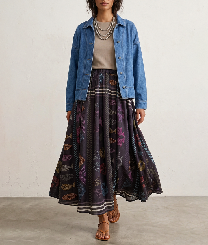 Triple mosaic puff linen skirt