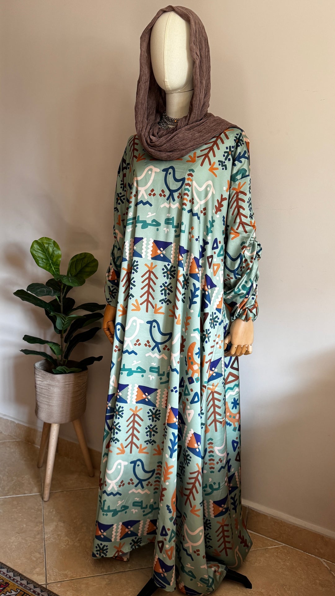 Green folk motives Silk dress