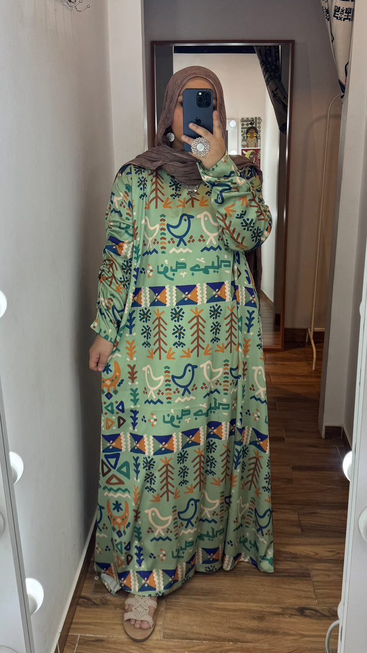 Green folk motives Silk dress