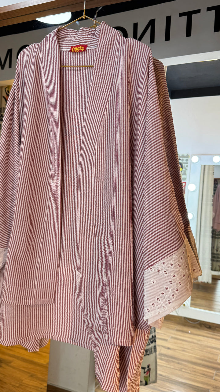 Red folklore Strip Linen kimono