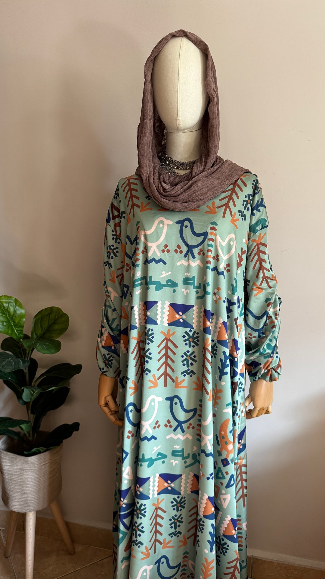 Green folk motives Silk dress