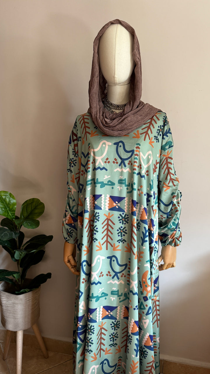 Green folk motives Silk dress