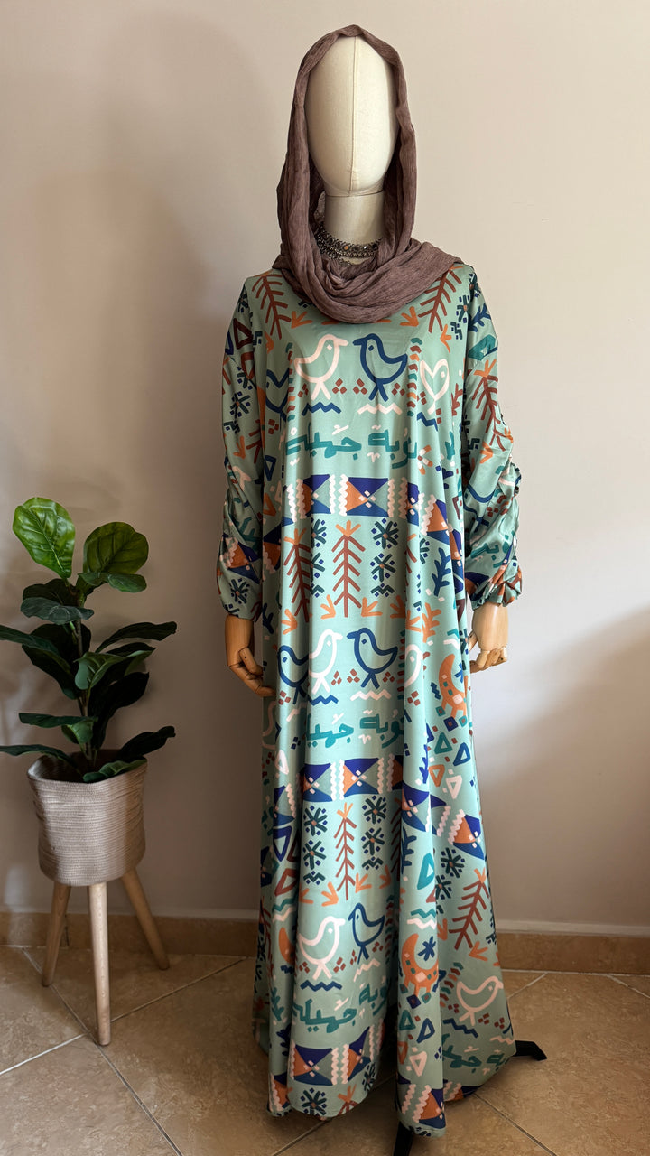 Green folk motives Silk dress