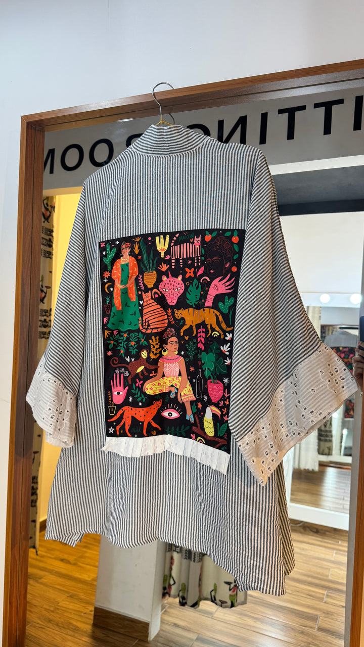 Frida & jangle black strip Linen kimono