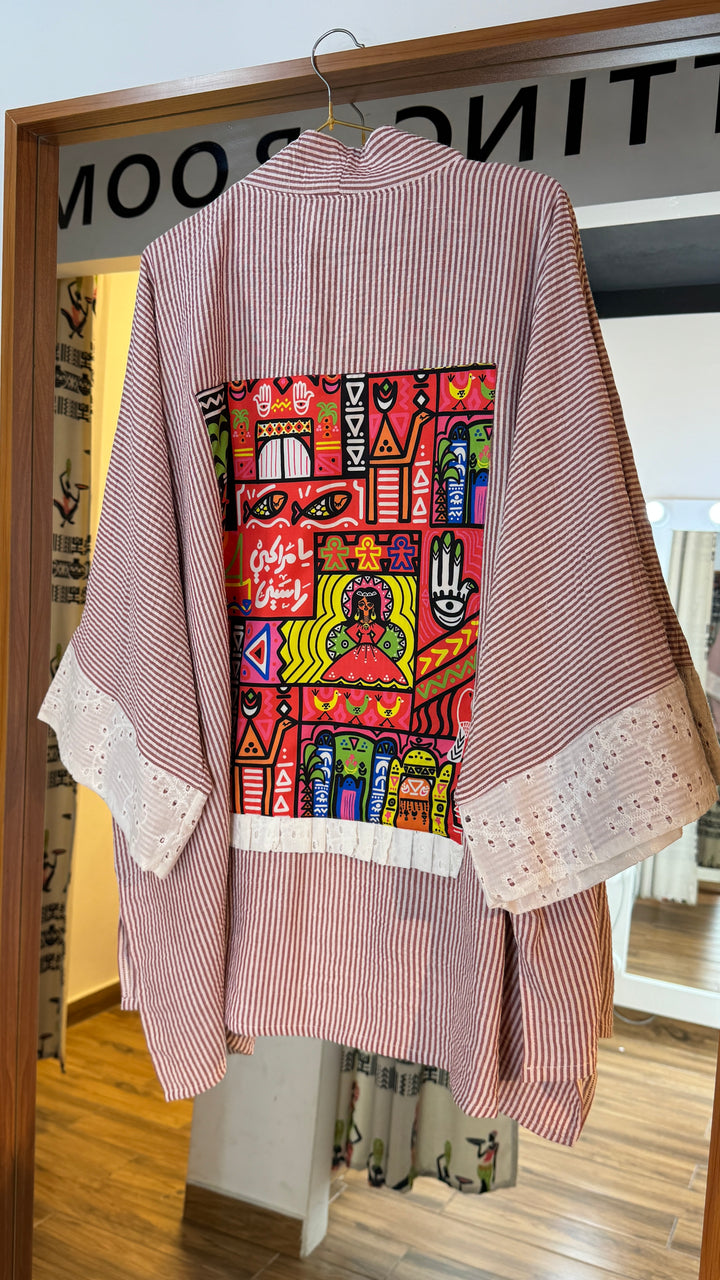 Red folklore Strip Linen kimono
