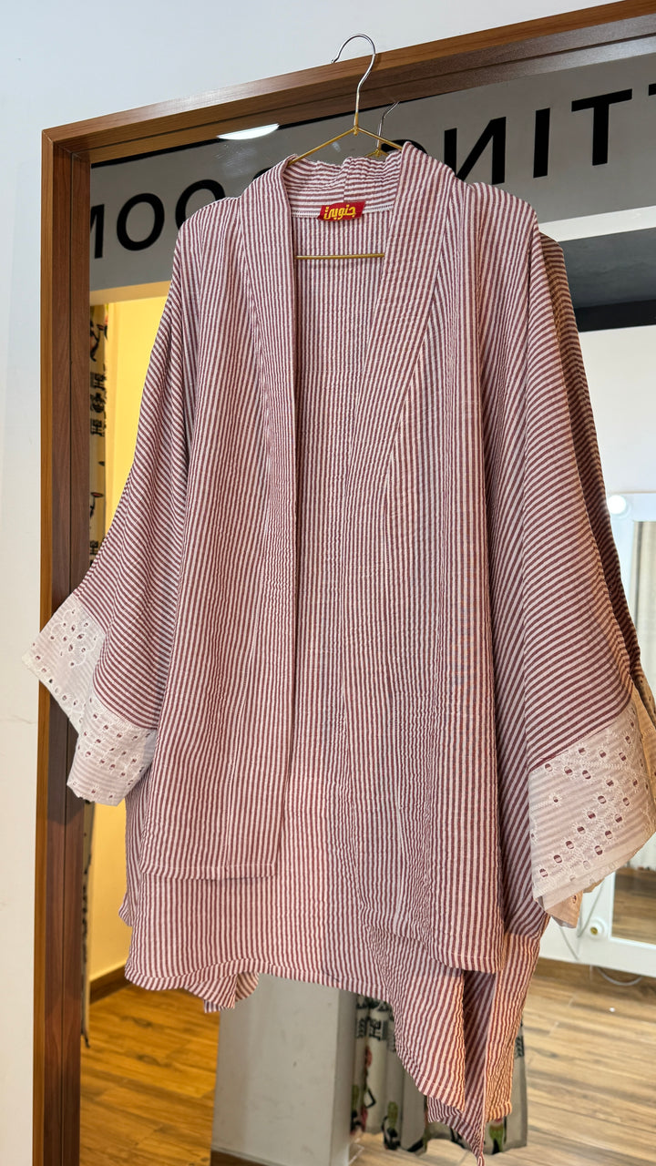 Red folklore Strip Linen kimono