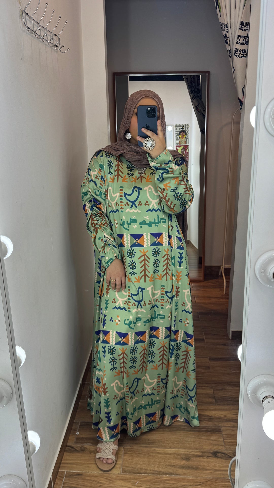 Green folk motives Silk dress