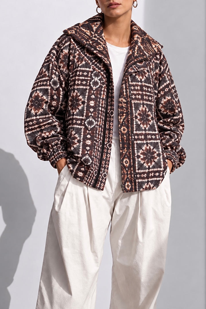 Islamic brown tie dye Linen zipper jacket