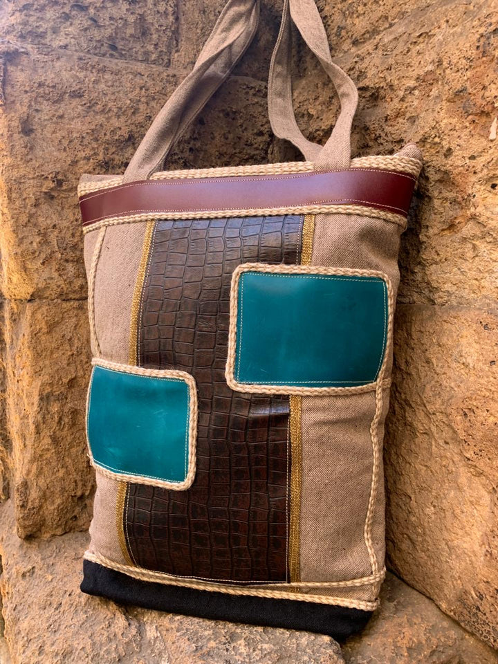 Green X brown blocks shoulder bag