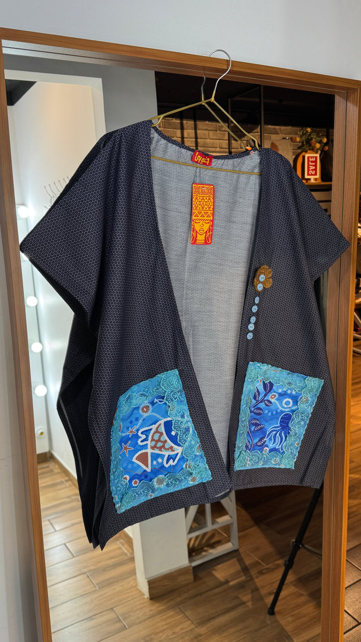 blue “5” cap Kimono