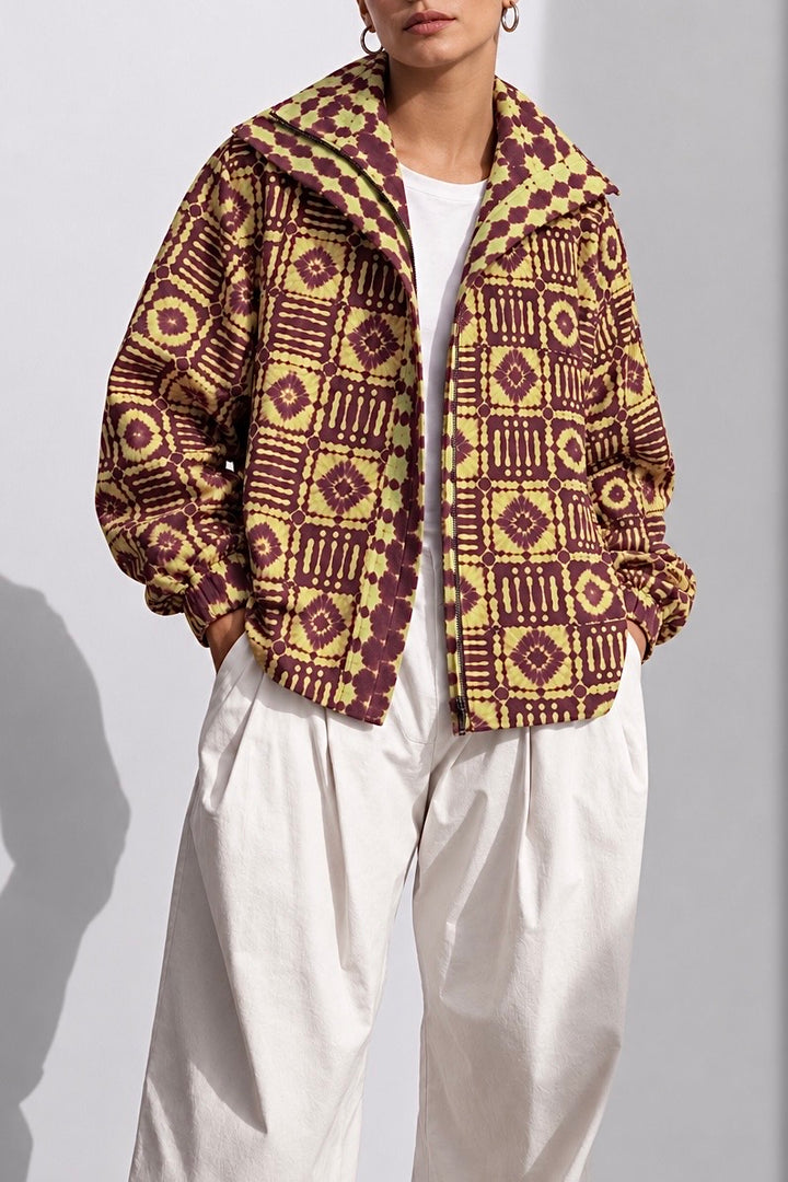 Brown &amp; yellow tie dye Linen zipper jacket