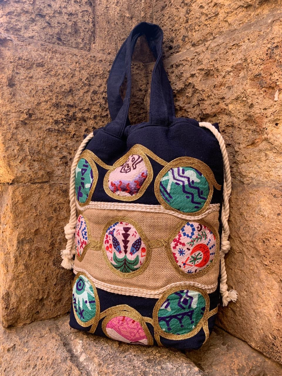 Navy X palm circles shoulder bag