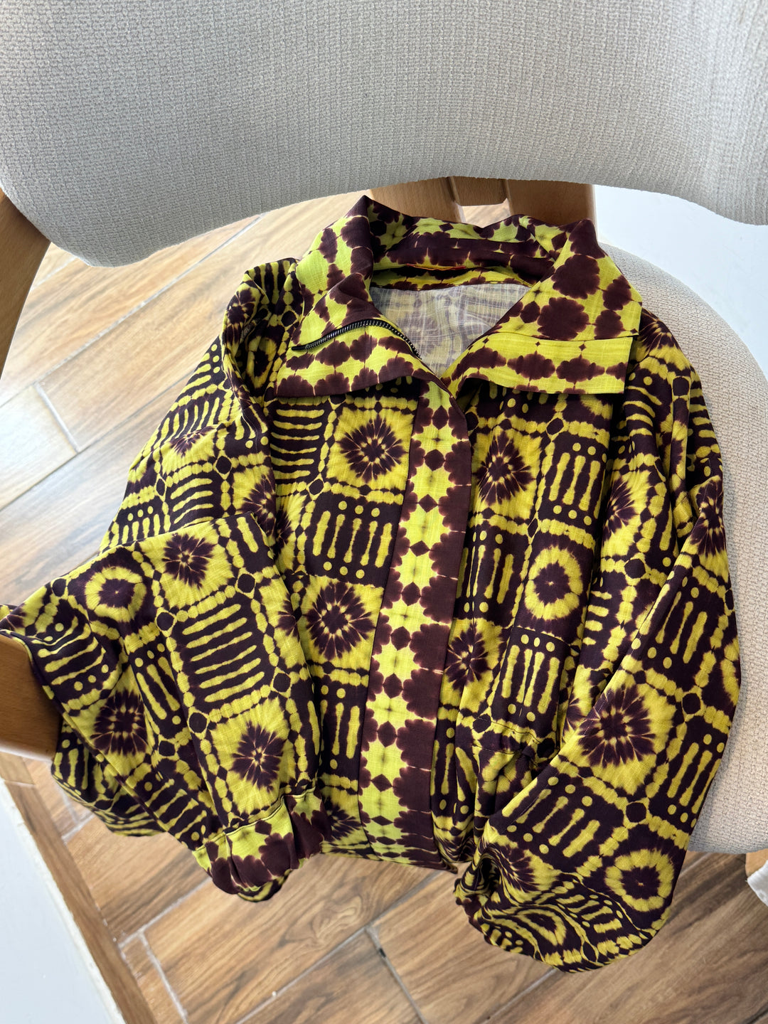 Brown &amp; yellow tie dye Linen zipper jacket