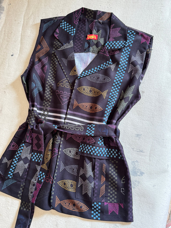 Triple mosaic linen belted vest