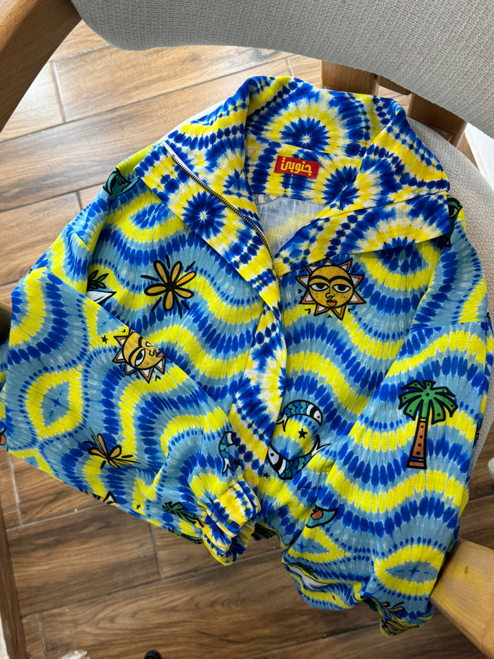 Waves folk tie dye Linen zipper jacket