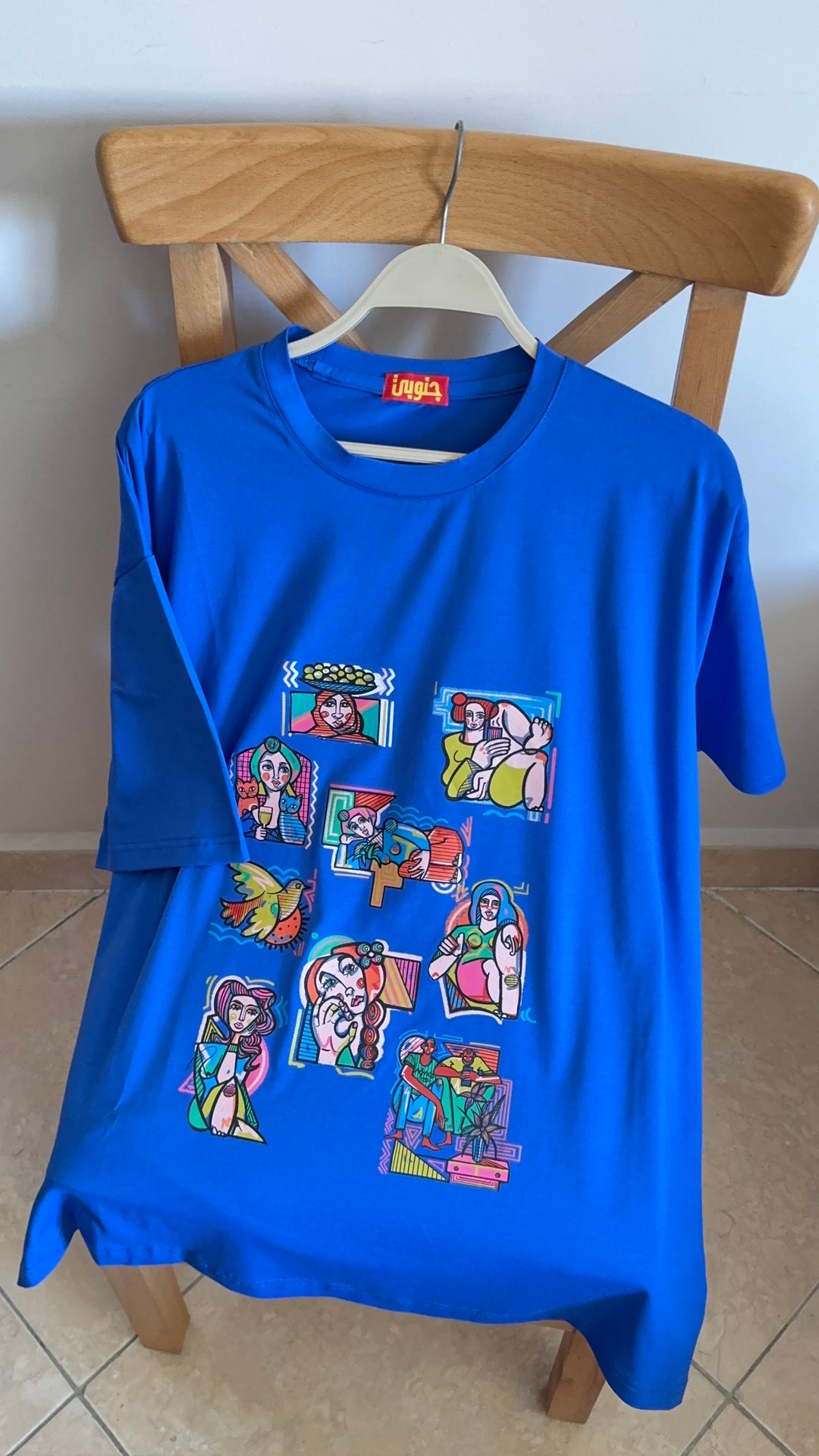 Blue "Picasso icons " oversized half sleeve shirt