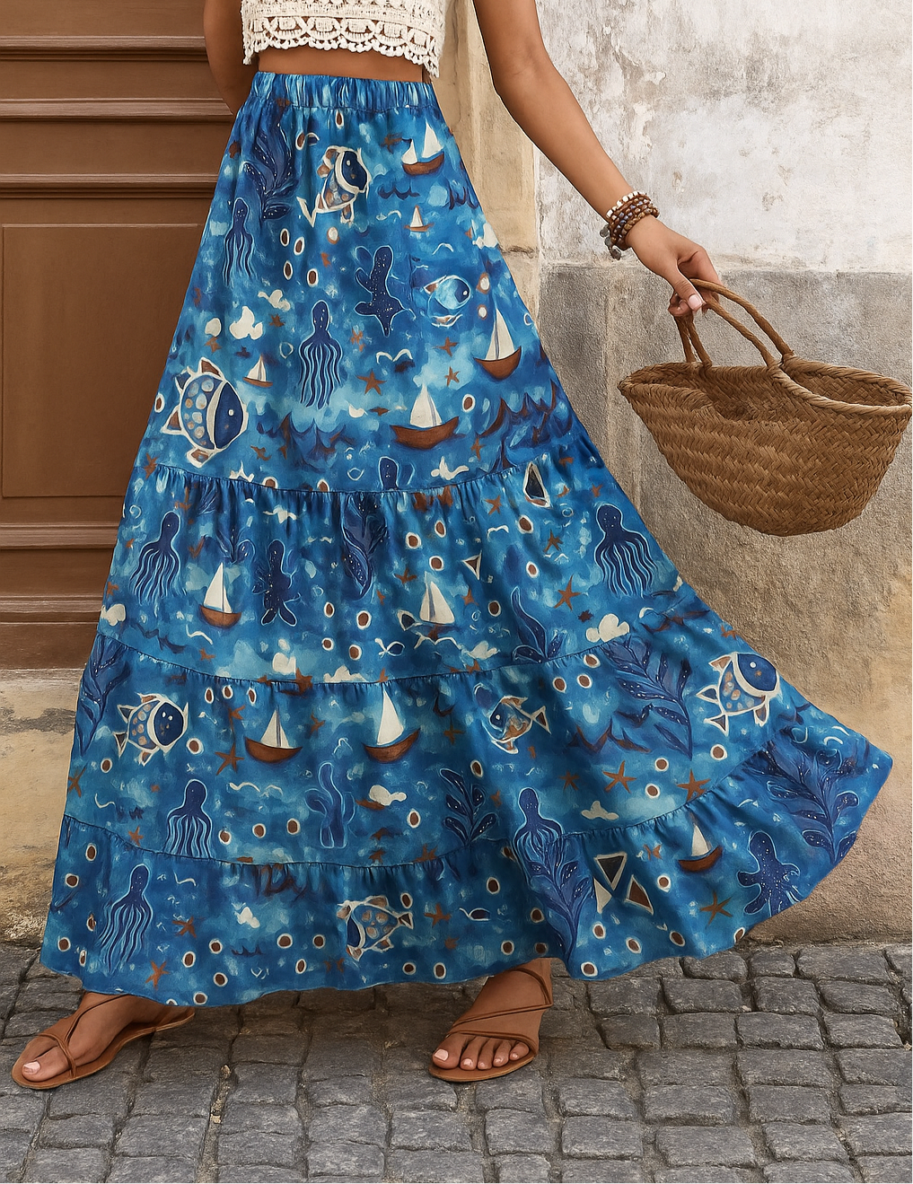 Sea embroidery pattern chiffon skirt