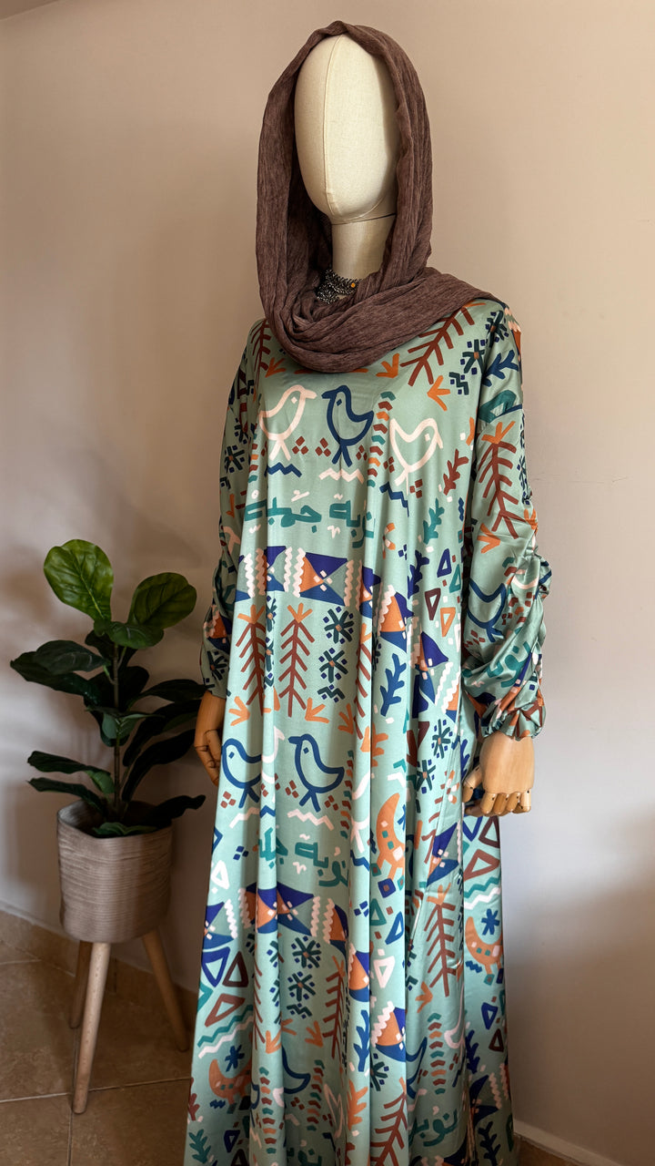 Green folk motives Silk dress