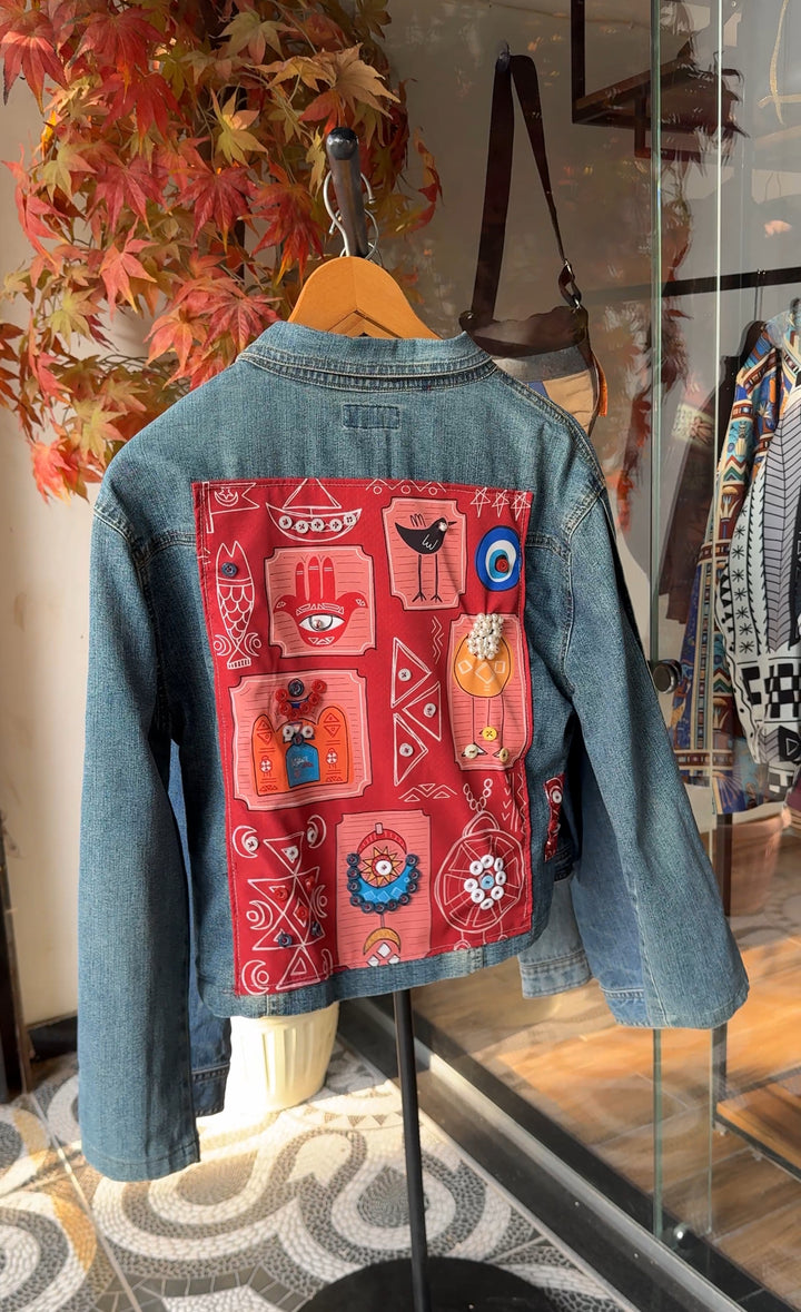 Red folklore Recycle denim jacket