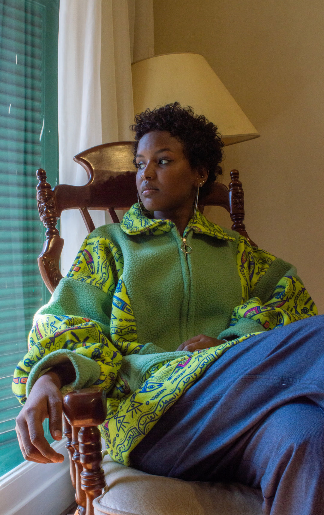 Folk fish X Green teddy fleece jacket