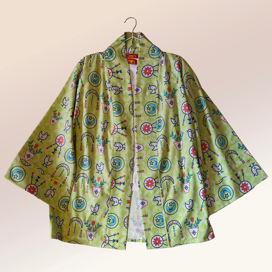 Lime green folklore Linen kimono