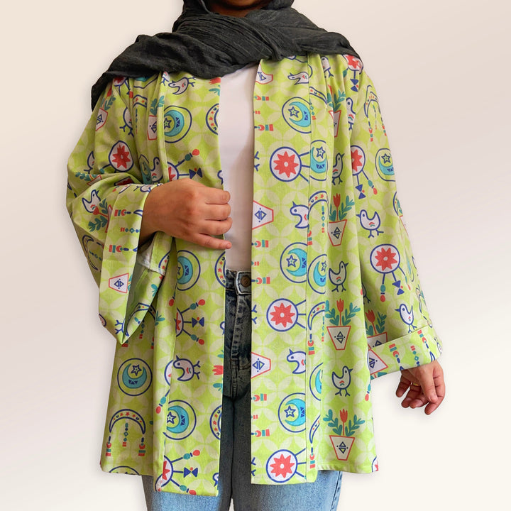 Lime green folklore Linen kimono