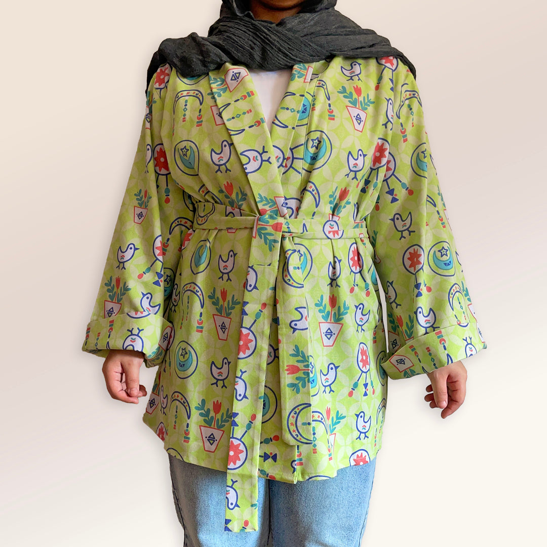 Lime green folklore Linen kimono