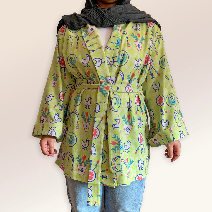 Lime green folklore Linen kimono