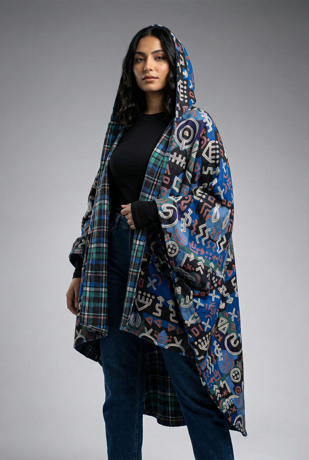 blue urban tribal hooded cape "Defect"