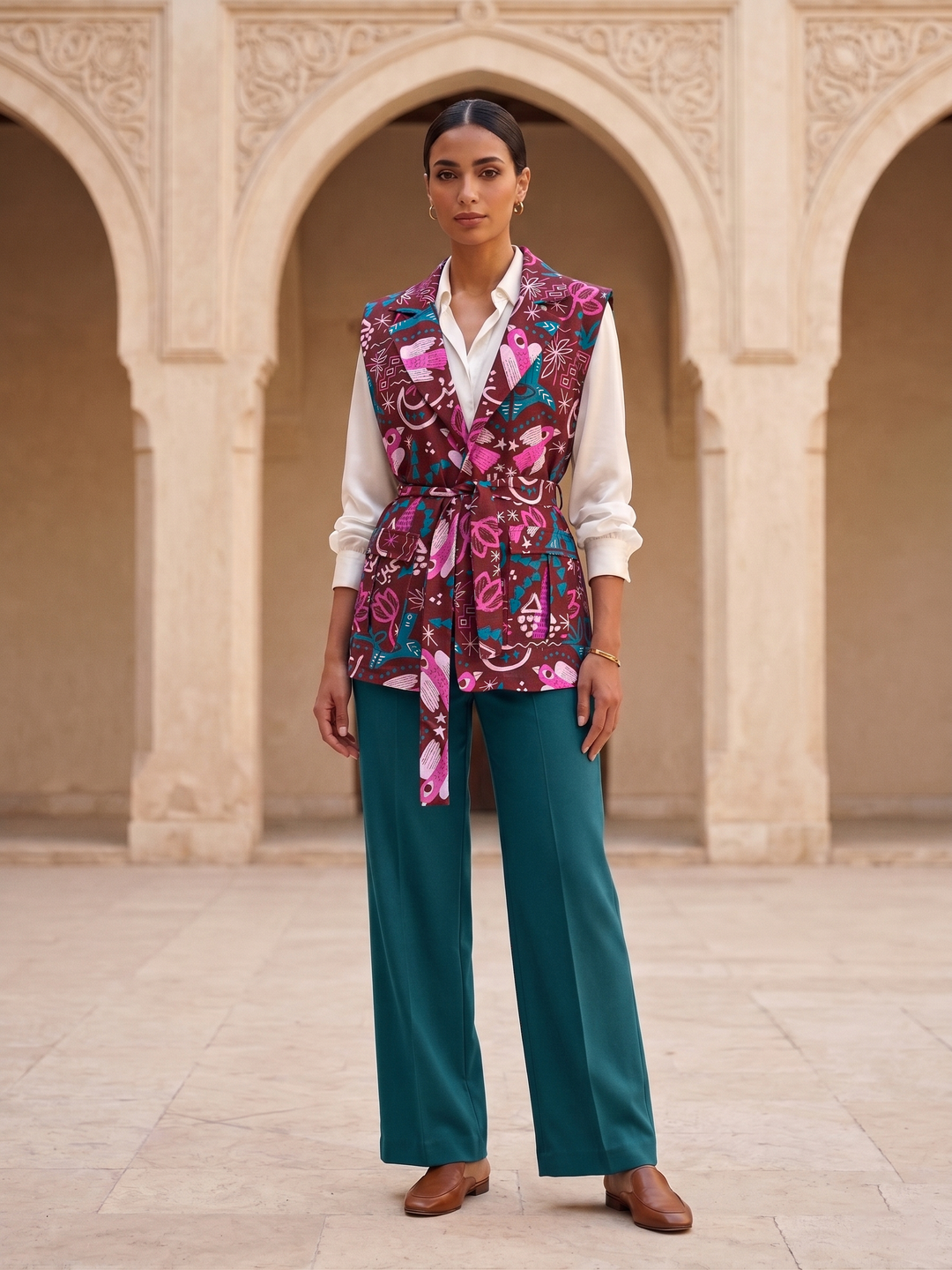 The crimson linen belted vest