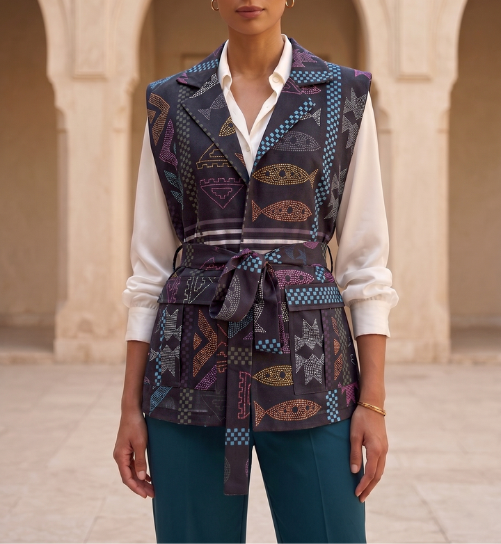 Triple mosaic linen belted vest