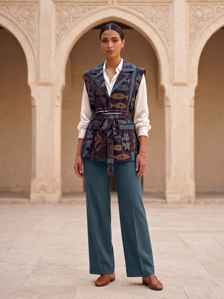 Triple mosaic linen belted vest